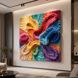 : colorful abstract fuzzy sculpture art on the wall in modern architecture studio high luxury, cinematic lighting, hyper - realistic, detailed, render by c 4 d octane, unreal engine, 8 k 3 d render