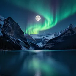 a matte painting of Lake Louise, moonlight, northern lights