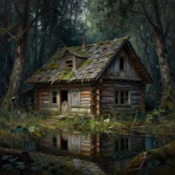 a beautiful intricate painting of a abandoned log cabin in a dark evil fantasy forest, reflections, very high details by william turner art, greg rutkowski and alphonse mucha, trending on artstation, very very detailed, masterpiece,