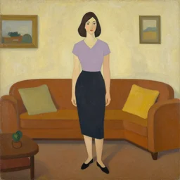 oil painting retro vintage james gilleard full body character portrait, simplified flat art stylized woman in her livingroom, full body portrait, very low poly, character design, oil painting filter, expressive brushstrokes, by james gilleard, retro vintage, victo ngai, kilian eng, lois van baarle 1 9 6 0's film grain and color scheme