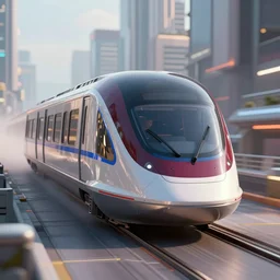 modern concept art for a maglev train speeding though a city, soft lighting, 3d render, 8k, maroon and blue accents, metallic reflections, star citizen origin 100i, central focus, close up, cyberpunk 2077, skyline in background.