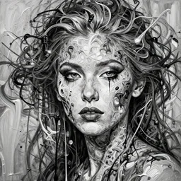 intricate highly detailed womans portrait, black and white paint pour by peter mohrbacher