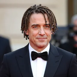 François Hollande in tuxedo with short beaded dreadlocks, lots of short dreadlocks on the head, short dreadlocks with beads
