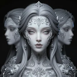 dreamy poltergeist fused with calibos, beautiful artificial female entity, elegant ornate pattern, face portrait, intricate details, by vincent di fate, artgerm, julie bell, beeple and Greg Rutkowski, 90s, concept, Smooth gradients, octane render, 8k, High contrast, duo tone, depth of field, very coherent symmetrical artwork