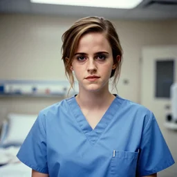 emma watson, nurse scrubs, hospital, portrait, mid view head and shoulders, award winning, kodak ektachrome expired blue tint,