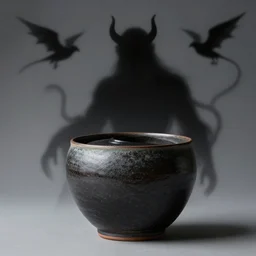 a photo, a huge black shadow composed of only the upper body of the devil, the soul flying around it, 4 k quality, hyper - realistic style,, physically based rendering, japanese pottery, trending on cgsociety