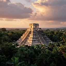 vintage photo of an aztec temple over the canopy of a vast jungle at sunset with dramatic clouds, photo journalism, photography, cinematic, national geographic photoshoot