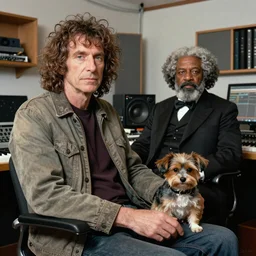 a color photograph of a white man who looks sort of like Jerry Garcia and sort of like Frederick Douglass, with his hyperactive little dog, in his basement studio, trending on artstation, hyperrealism