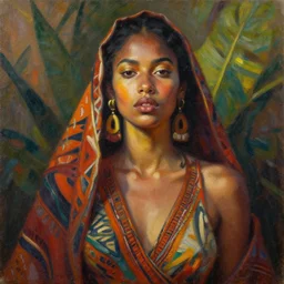 detailed portrait in daring femininity, tropical ethnic, statuesque, confident realistic face, warm glow, bathed in morning light, chiaroscuro, painterly, radiosity, impressionism, textiles color medley, warm earthy natural color scheme with contrasting highlights, modern fashion, contemporary art, deep rich hues, oil on canvas