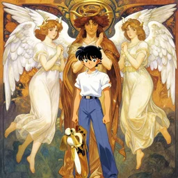 angels, by tezuka and oi and mucha and bierstadt and remington, trending on artstation