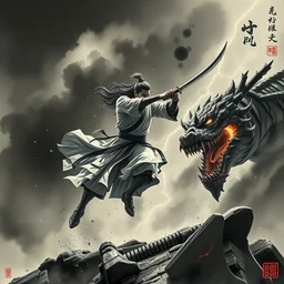 ancient ink painting of a chinese warrior in clothes with a broadsword, hejump and hit the monster down hard, dark cloud and lightning on the grounddramatic lighting, whole body, extremely detailed, octane render, 8 k, sophisticated