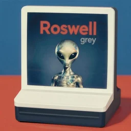 vintage polaroid of a roswell grey alien sighting, warm azure tones, red color bleed, film grain