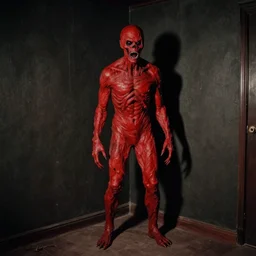A scary red, tall creature standing in the corner of a dark room, eerie, horror, vintage, dslr, 1950, old photography