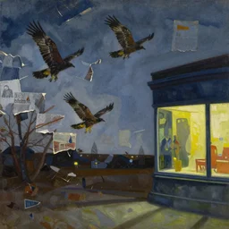 lonely night hawks, painting by shaun tan, detailed, intricate, torn paper decollage, oil on canvas by edward hopper, ( by mattias adolfsson ), by moebius