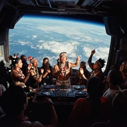 analogue photo of an Tribal DJ entertaining crowd on a spaceship, planet earth can be seen from spaceship window, wide angle,