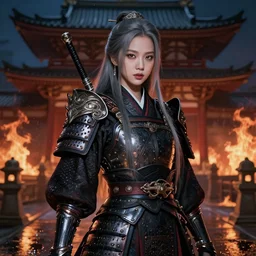 portrait jisoo blackpink, grey hair armored samurai clothes, in fire japanese temple wet night, ssci - fi and fantasy, intricate and very very beautiful and elegant, highly detailed, digital painting, artstation, concept art, smooth and sharp focus, illustration, art by tian zi and wlop and alphonse mucha