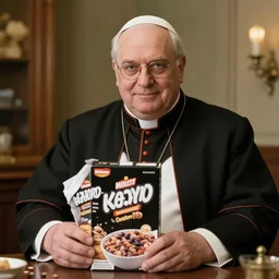 Realistic photo of portly French gentleman, a member of the clergy on black cereal box