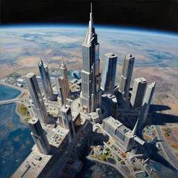 a painting of low earth orbit space city under war by john harris. sharp edges. 8 k. ultra clear detailed