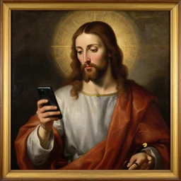 a renaissance oil painting of jesus holding a smartphone