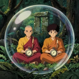 hyperrealist, studio ghibli dull colors portrait from close encounters of the third kind 1 9 7 7 of two multi - colored pocketwatch monks warping in a snake bubble jungle stonehenge.
