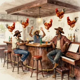 a messy rowdy watercolor of black men gatecrashing a bar, barstool and chickens flying through air, smooth, sharp focus, rednecks, deep south, piano, ultrarealistic, intricate, art by dean cornwell and howard finster, paint splatters, artstation, octane render, low contrast, cinematic, dynamic volumetric lighting by delphin enjolras