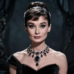 audrey hepburn as stunning gothic goddess of jewels beauty, dark and mysterious, atmospheric, ominous, eerie, cinematic, epic, 8 k, 4 k, ultra detail, ultra realistic, rendered by awesomeness