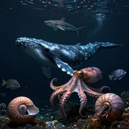 deep black ocean view of whale, shark, octopus and squid, and nautilus, and fearsome fish, octane render, cinema 4 d, cinematic lighting, golden ratio, underwater photography, realistic, wildlife documentary, by greg rutkowski
