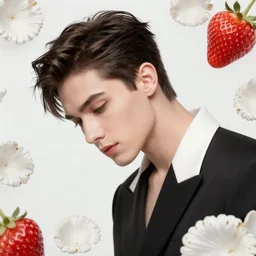 the portrait of an absurdly beautiful, graceful, elegant, sophisticated, fashionable man made of strawberries and white petals looking down, an ultrafine hyperdetailed illustration by kim jung gi, irakli nadar, intricate linework, bright colors, octopath traveler, final fantasy, unreal engine 5 highly rendered, global illumination, radiant light, detailed and intricate environment