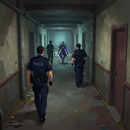 league of legends, 3 police men following a mage, in a dilapidated building hallway, digital painting, anime style, cell shaded, art by yoh yoshinari, long shot, 3 5 mm lens