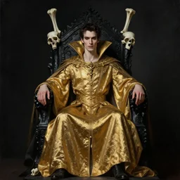 perfectly centered portrait of attractive vampire king in gold gothic robe sitting on a throne of black bones, highly detailed painting by gaston bussiere, craig mullins, j. c. leyendecker, 8 k, mid shot