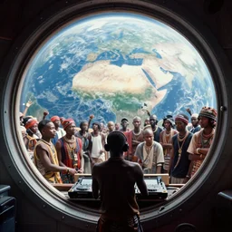 analogue photo of an African tribal DJ and crowd on a spaceship, view of earth in porthole window, wide angle, colour,