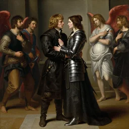 attractive handsome fully clothed jaime lannister confesses his love for attractive fully armored brienne of tarth. centered composition. highly detailed painting by gaston bussiere and j. c. leyendecker and william adolphe bouguereau and fra angelico and octane render, musee d'orsay 8 k