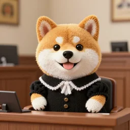 a closeup photorealistic photograph of a cute smiling knitted shiba inu judge dog dressed in a black gown, presiding over the courthouse. indoors, professional capture, well lit shot. this 4 k hd image is trending on artstation, featured on behance, well - rendered, extra crisp, features intricate detail, epic composition and the style of unreal engine.
