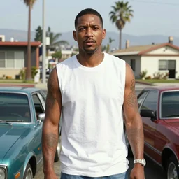 carl johnson from gta san andreas in the early 2000s, middle of los angeles neighborhood