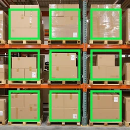 a picture of a warehouse full of boxes with green square outlines over each one