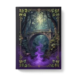 purple smoke at the bottom, book cover!!!!!!!!!!!!, old bridge, ivy leaves graphic vectors at each border, fantasy forest landscape, fantasy magic, light night, intricate, elegant, sharp focus, illustration, highly detailed, digital painting, concept art, matte, art by wlop and artgerm and ivan shishkin and andrey shishkin, masterpiece