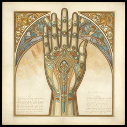 detailed, intricate technical drawings on parchment from 1 8 4 0, accented with color, with labels and notes, for a beautiful, symmetric, art deco android hand, by ron cobb and alphonse mucha
