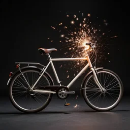 a bicycle in a black studio background, the bicycle is electrocuted and has sparks flying everywhere