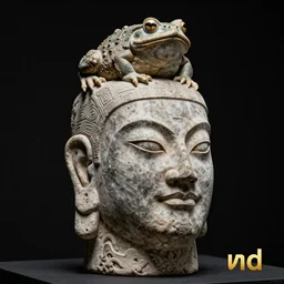 stone severed head of chinese philosopher guo xiang with eyes slightly open with a three - legged toad on his head on a black background and golden text виd under it, photorealistic, realistic, detailed, hyperrealistic, high quality, high resolution, lossless, lossless quality, 8 k, hdr, 4 k, 1 6 k