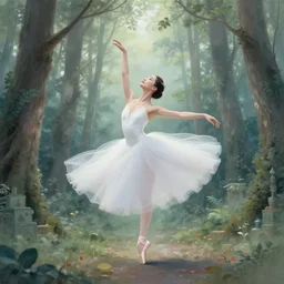 a beautiful prima ballerina in white dress in a forest, inspired by thomas eakes & greg rutkowski & xiang duan, perfect symmetry, magic realism, post - processing, extremely hyper - detailed, intricate, soft - lighting, lifelike attributes, masterpiece, pastel'