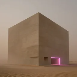 massive concrete building seen through a sandstorm, in the desert, neon lights, james turrel, minimalist architecture,