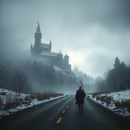 a viking walking on the road that leads to a castle on the hill, surrounded by forest in skyrim, atmospheric, volumetric lighting, winter, overcast, soft painting by greg rutkowski