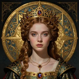 beautiful young medieval queen by james jean, iris van herpen, jean delville, visionary, symbolist, face portrait, ornate gothic icon