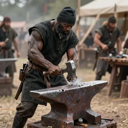 a muscular dwarf blacksmith, wearing blacksmith clothing!!!!!!!, swinging hammer down forging a sword on an iron anvil, cinematic, epic, medieval, renaissance festival, realistic, tabletop miniatures!!!!!!, product photos by greg rutkowski, craig mullins, jeff easley, archvillain, titanforge, blizzard, hearthstone, mtg, wotc