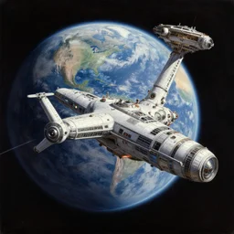 cinematic view of a retrofuturistic space station orbiting an earth - like planet, tim hildebrandt, wayne barlowe, syd mead, john harris, bruce pennington, donato giancola, larry elmore, oil on canvas, artstation, pixiv, cinematic composition, dramatic, beautiful lighting, sharp, details, hd, hdr, 4 k