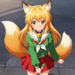 japanese anime highschool girl named kemomimi-chan with fox ears and tail, blond hair and fur, collar bell, amber green sailor uniform and red miniskirt, art, digital art trending on pixiv rankings