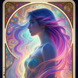 side portrait!, maya ali, wind sorcerer, gloomhaven, soft, smooth, luminescent, art nouveau tarot, backlit glow, colorful swirly ripples, gaudy colors, aesthetic octane render, unreal engine, pre raphaelite, 8 k, by mucha, ilya kuvshinov, cushart krenz
