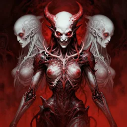 symmetry portrait of cyborg demon, cosmic horror, lovecraftian horror, intricate, horror, highly detailed, digital painting, artstation, giger concept art, smooth, sharp focus, illustration, art by tomasz alen, alen kopera, julie bell, alphonse mucha and junji ito, monohcrome red, white, black