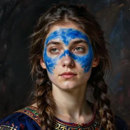 portrait of a warrior woman with blue face paint, by nikolay makovsky.