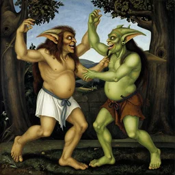 two green-horned goblins dancing. by Sandro Botticelli